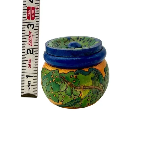 Hand-Painted Wooden Trinket Box Jar With Lid Parrot Paradise By C. Chan 2.5" H - Picture 8 of 9